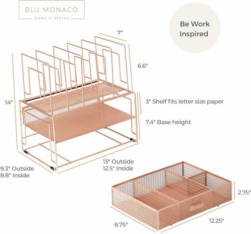 Blu Monaco | Rose Gold Desk Organizer with Drawer | Metal Desk Organizer with File Sorters and Storage Compartments | Office Desk Organizer for Paper Folders and Supplies - Image 5